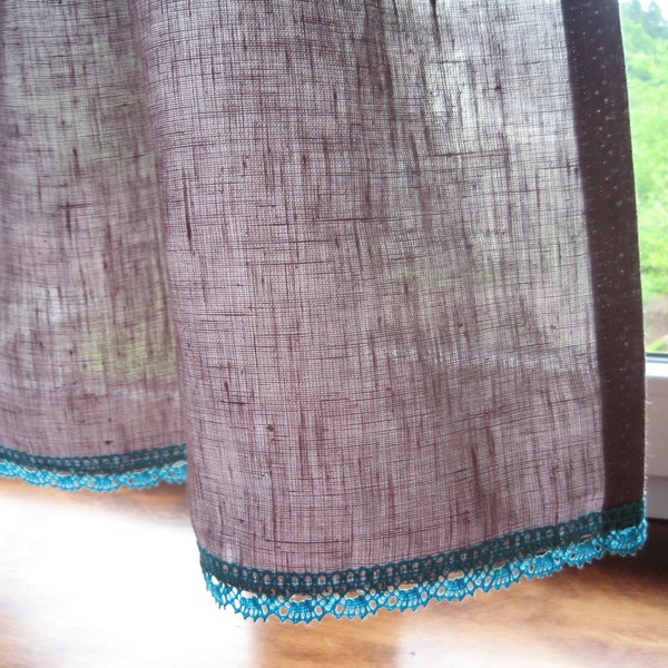 Linen cafe curtain turquoise lace Vintage rustic kitchen curtain natural flax modern small half window drapes