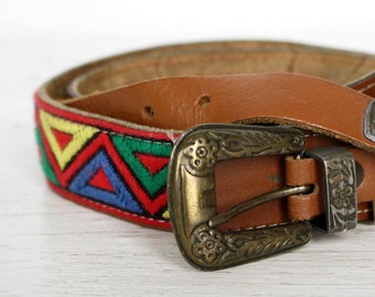 Real leather belt embroidered colorful Vintage geometric boho ethnic Italian designer women's waist belt