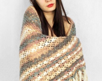 Vintage crochet triangle shawl Large handmade wool large shoulder wrap with fringe