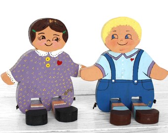Vintage wooden doll set Hand painted brother & sister shelf sitters Retro nursery decor