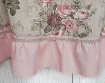 Roses linen curtain Vintage ruffled cafe curtain panel natural linen floral pink curtain