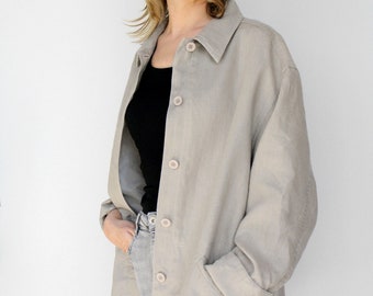 Blazer en lin naturel pour femmes, coupe décontractée, veste décontractée, vintage, ample, surdimensionné, gris, minimaliste, cardigan d'été