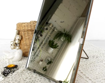 Vintage mid century vanity mirror Wooden foldable dressing table or shaving mirror with stand