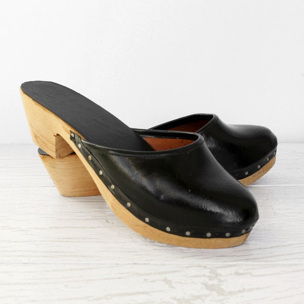 Sabots suédois en cuir noir, chaussures à plateforme en bois à talon carré pour femmes, scandinaves traditionnelles, vintage