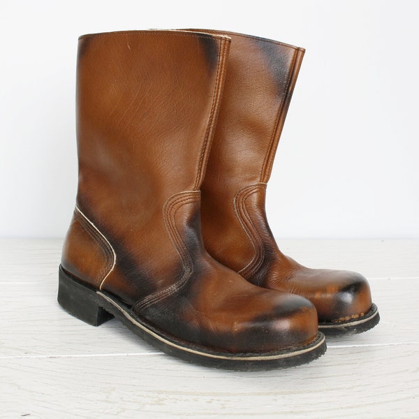 Brown soft leather work boots Vintage Finnish men's western square toe calf boots