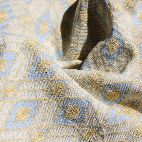 70s woven geometric textile by the meter Original vintage yellow and blue thick cotton upholstery fabric