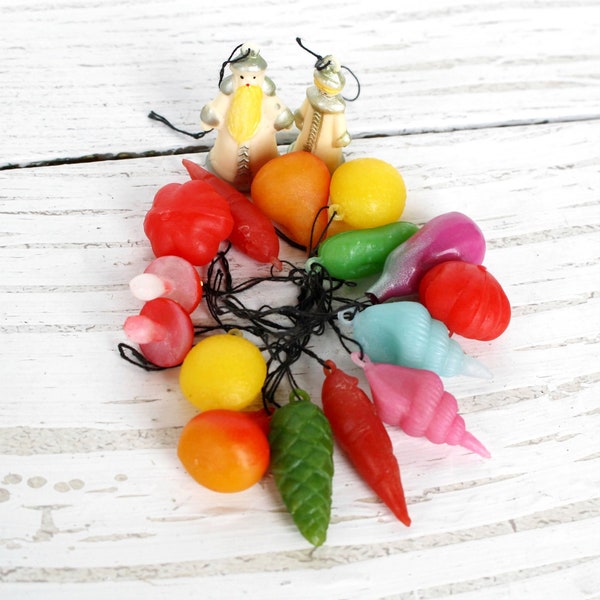 Années 70 petites boules de Noël en verre Soviétique vintage ornement d’arbre mélange Animaux boules de nourriture fruits et légumes en plastique