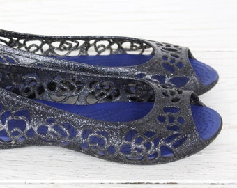 Crocs rubber jelly glitter kid&#39;s flats girls gel shoes Vintage summer beach plastic cut out peep open toe shoes