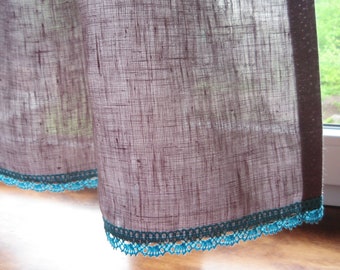 Linen cafe curtain turquoise lace Vintage rustic kitchen curtain natural flax modern small half window drapes