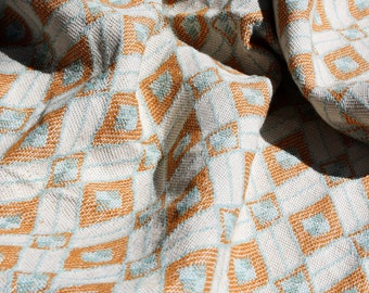 Antique 70s upholstery fabric Geometric woven orange and blue thick cotton curtain pillow cover furniture textile