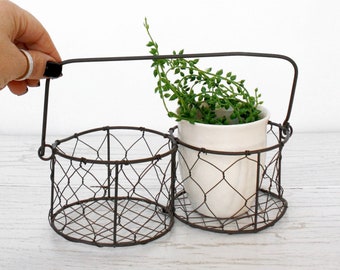 Metal wire basket double round rustic plant pot Vintage planter primitive garden Farmhouse decor