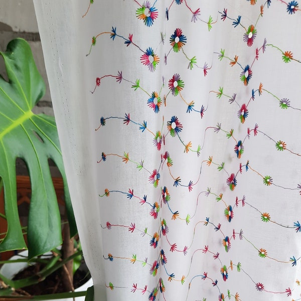 White cotton curtain with rainbow embroidery Vintage nursery living room colorful floral rod pocket curtain