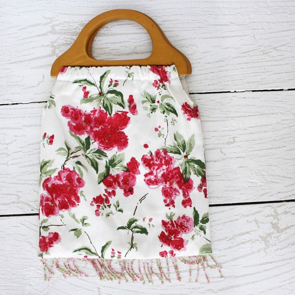 Floral beaded bag summer handbag beaded fringes wooden handles bag Vintage tote bag women's boho canvas cotton bag