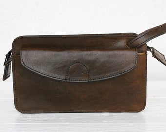 Brown genuine leather wristlet Vintage small party festival evening pouch