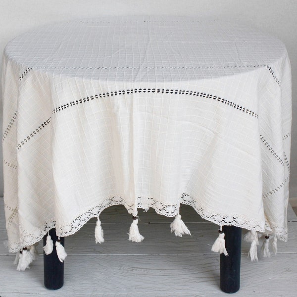 Off white oval cotton tablecloth tassels table cloth Vintage large textured tablecloth chunky checkered boho tablecloth