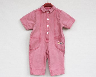 Pink kid's overalls denim cotton romper children girl's summer outfit Vintage cute embroidered pocket jumpsuit girl