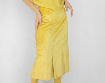 Corduroy midi skirt mustard yellow spring pleated skirt Vintage women's A-line minimalist casual cotton skirt size M