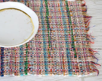 Set de table en tweed tissé coloré nappe de ferme rustique à rayures vintage avec franges