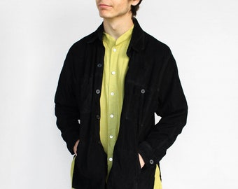 Black suede leather men's jacket Vintage 90s button up chambray shirt with chest pockets and long sleeves