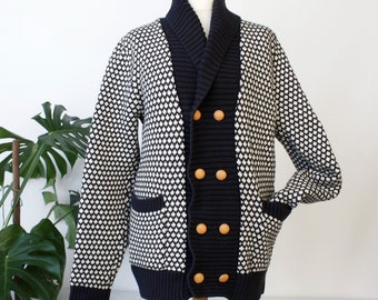 Cardigan châle à double boutonnage vintage en coton blanc et bleu blazer en tricot pour homme