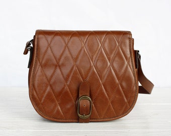 Quilted leather bag satchel bag brown shoulder bag Vintage saddle bag women crossbody bag