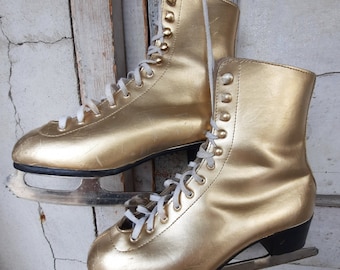 Vintage gold ice skates hand painted winter hanger decor