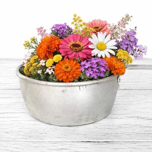 May include: A silver-toned metal saucepan filled with a vibrant arrangement of fresh flowers, including bright orange marigolds, pink zinnias, white daisies, and small purple blossoms, creating a colorful contrast against the metallic container.