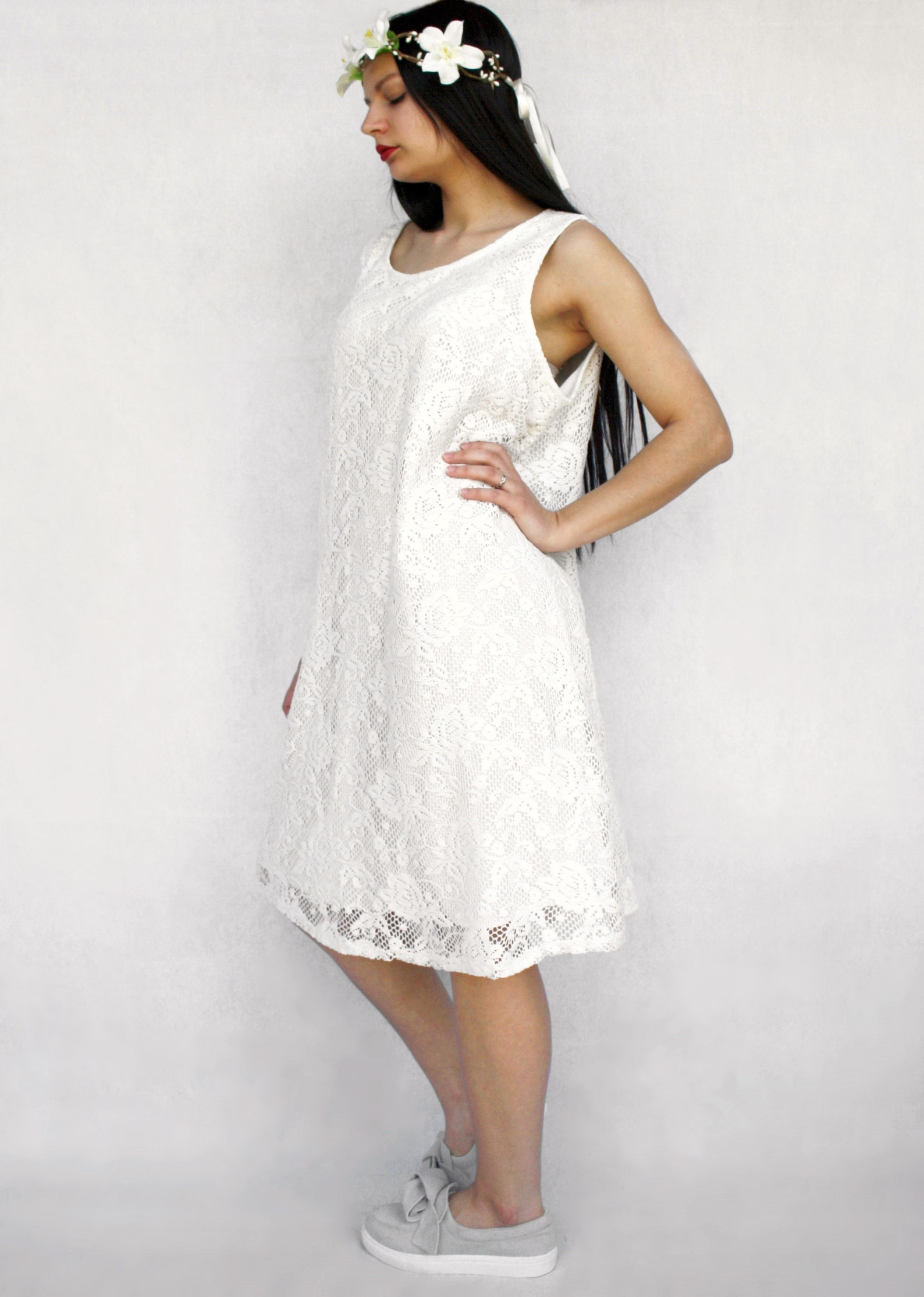 Lace Midi Dress off White Roses Floral Sheer Lace Sleeveless Dress ...