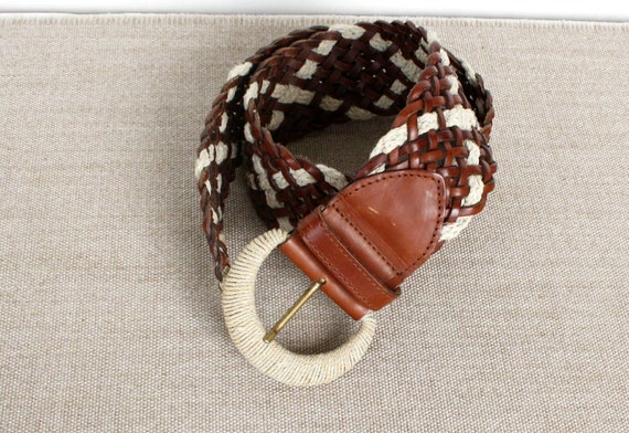 Braided leather belt brown woven women's belt Vin… - image 1
