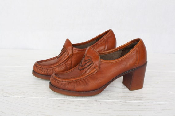 Brown real leather chunky shoes Vintage women's he