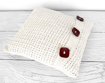 Vintage cotton pillow cover set Off white crochet throw cushion cases with buttons