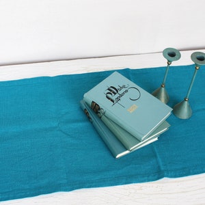 Vintage linen table runner bright turquoise thick long flax tablecloth