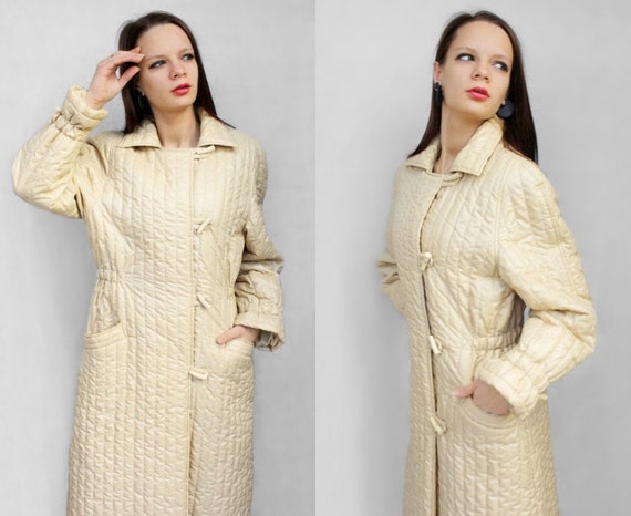 80s quilted midi puffer coat Soviet vintage beige