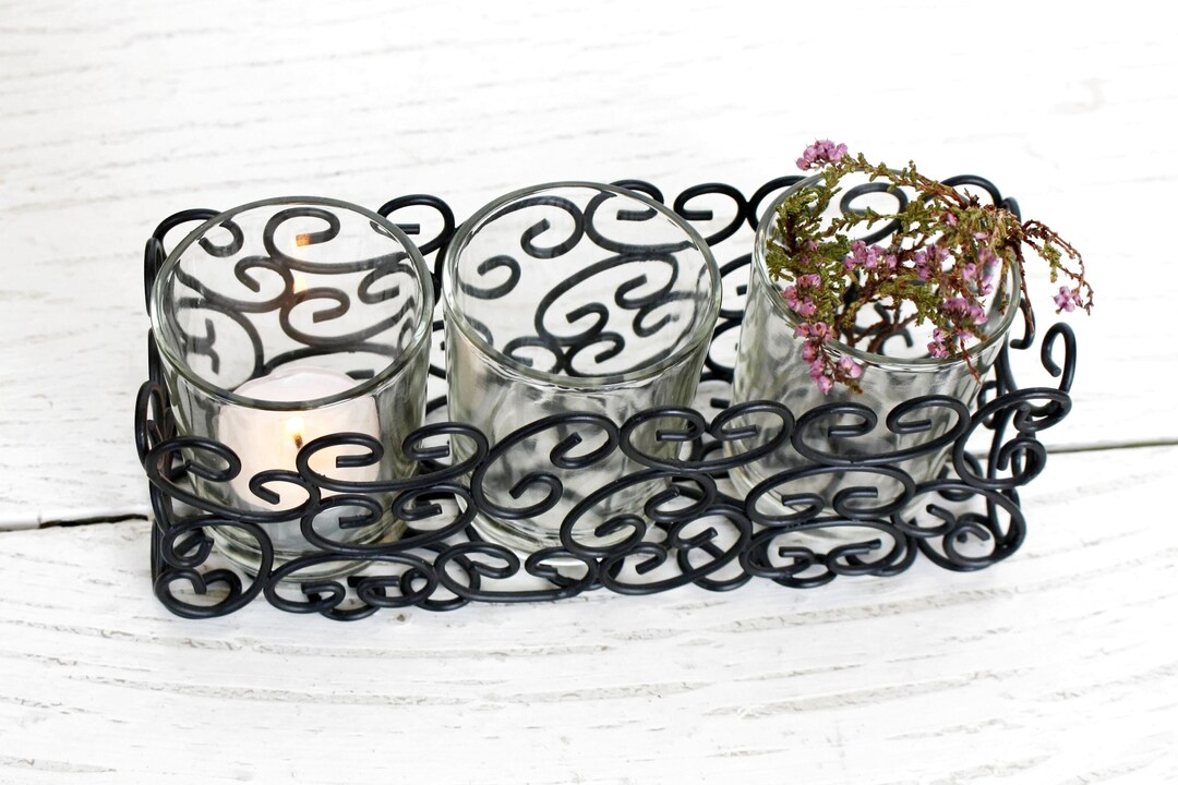 Black Metal Hurricane Candle Holder Vintage Triple Glass Vases or Tea