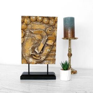 Vintage golden Buddha face plaque Hand painted wooden meditation decor Spiritual zen table art
