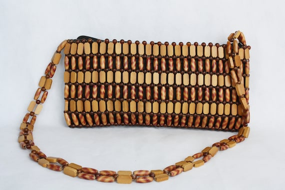 Beaded women's shoulder bag Vintage natural wood b