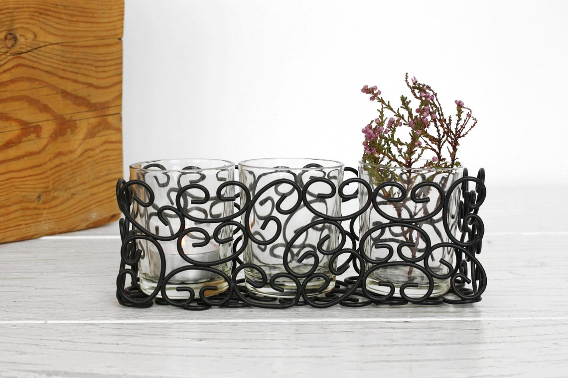 Black Metal Hurricane Candle Holder Vintage Triple Glass Vases Etsy