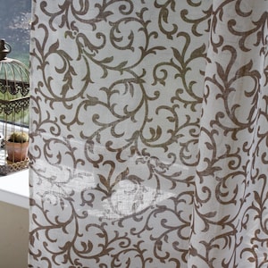Semi sheer natural linen set of 2 gauze damask window drapery Vintage abstract linen curtain panel set