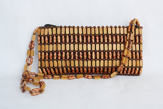 Beaded women's shoulder bag Vintage natural wood b
