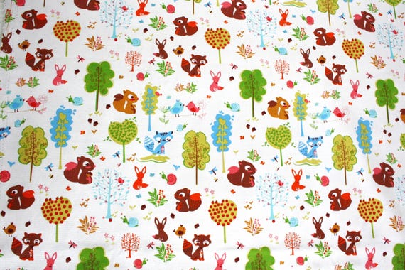 Retro thick cotton woodland fabric Vintage colorful cartoon forest fox squirrel bird & tree textile