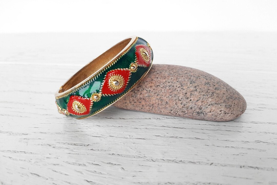 Enameled Metal Bangle Cuff Bracelet Vintage Luxurious Textured Ornate ...