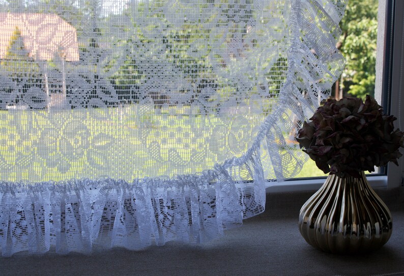 Floral lace see through curtain with ruffles Vintage shabby Etsy