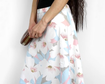 Vintage floral cotton skirt Romantic a-line knee length summer skirt with pastel magnolia print