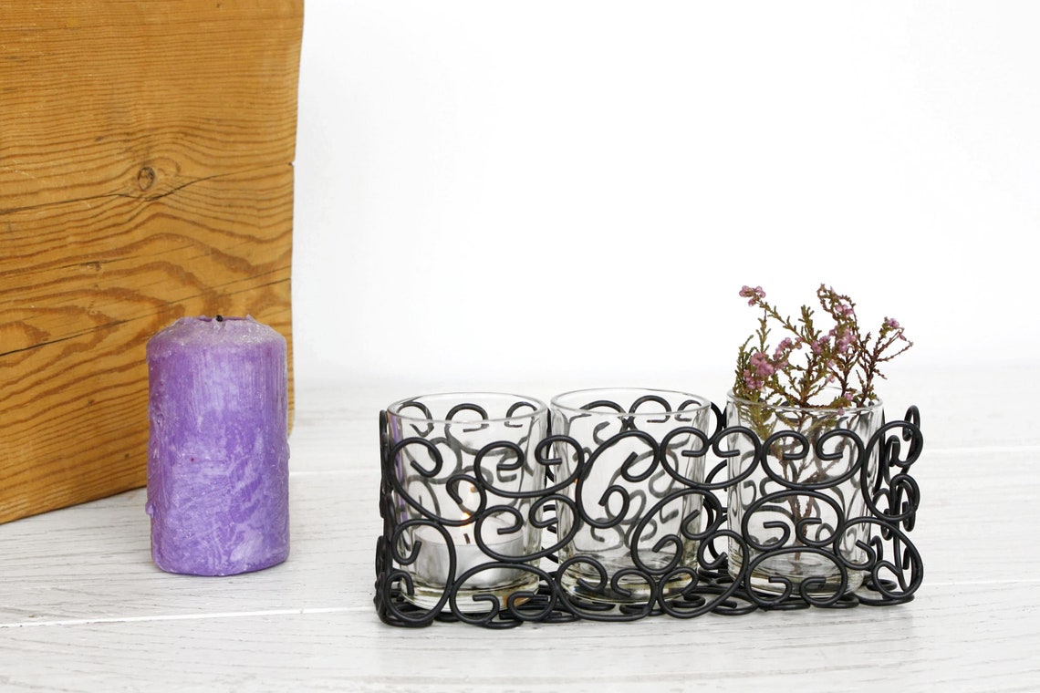Black Metal Hurricane Candle Holder Vintage Triple Glass Vases Etsy