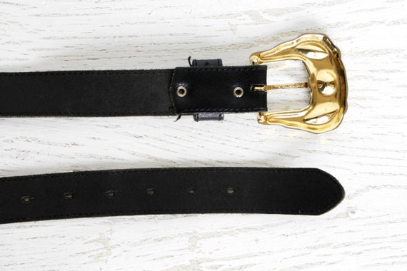 Vintage Black Leather Belt With Golden Jeweled Buckle Art  display picture 1