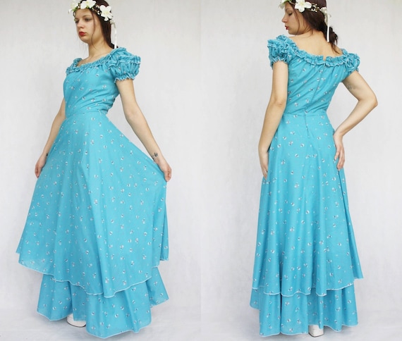 Blue layered vintage maxi dress Long cotton summer