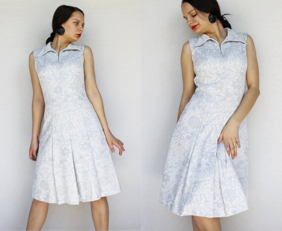 Silver brocade women's dress Vintage shiny pleated