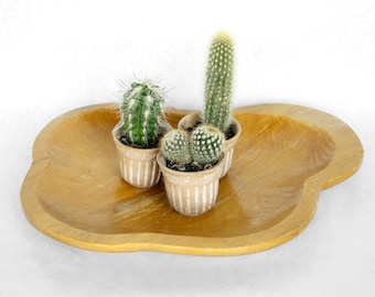 Vintage large wooden tray Hand-carved asymmetrical bowl Rustic centerpiece platter