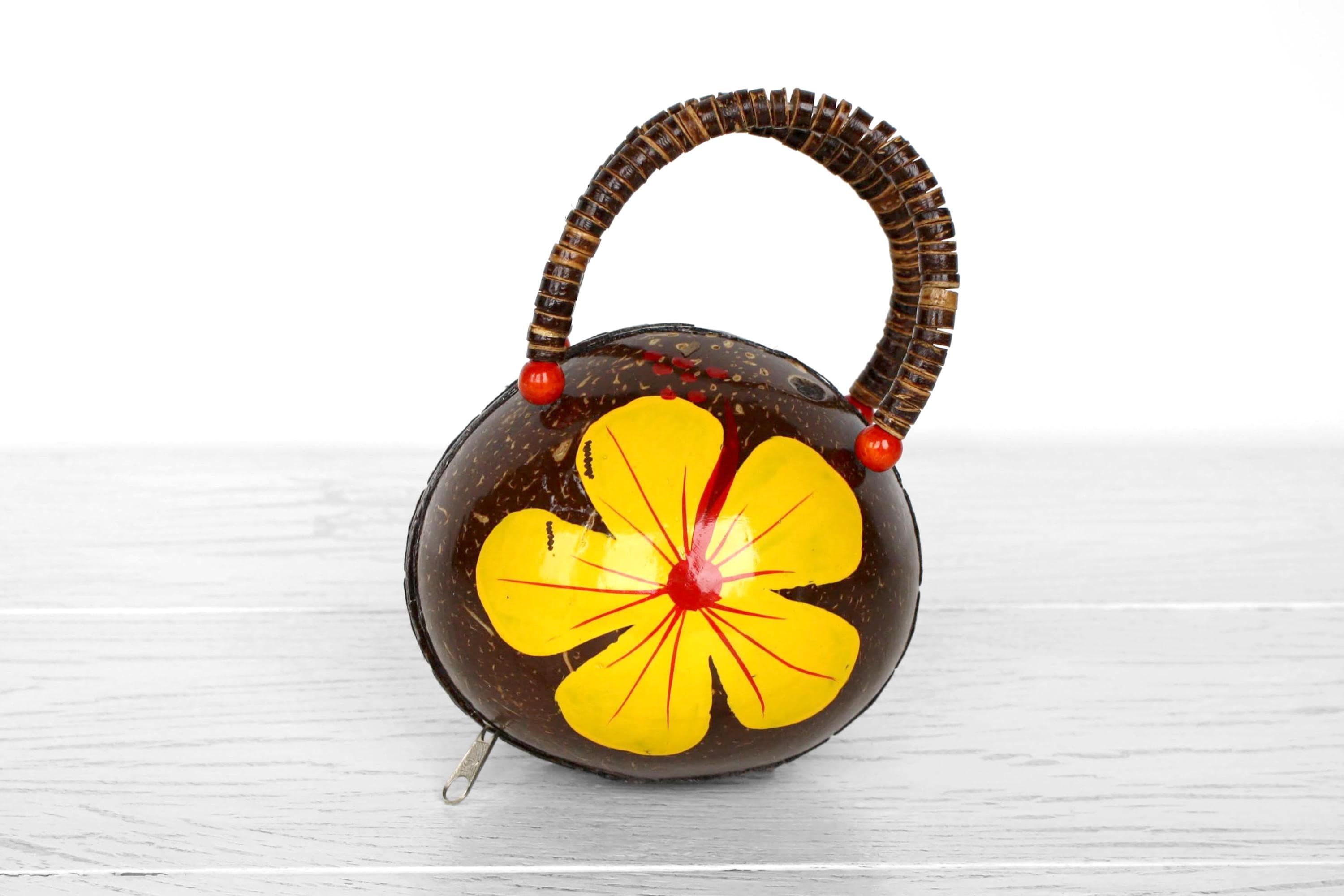 Real coconut shell purse Vintage painted yellow hibiscus flower beach party handbag