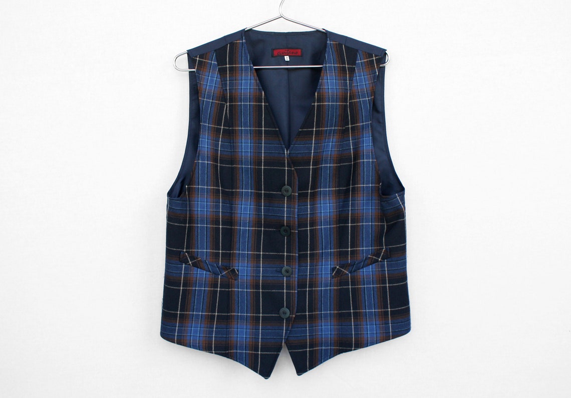 Blue Tartan Women's Wool Vest Vintage Fitted Stylish Etsy